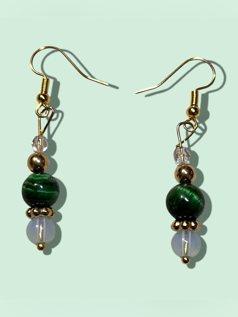 Stunning green tigers eye gemstone, opalite and crystal beaded dangle earrings